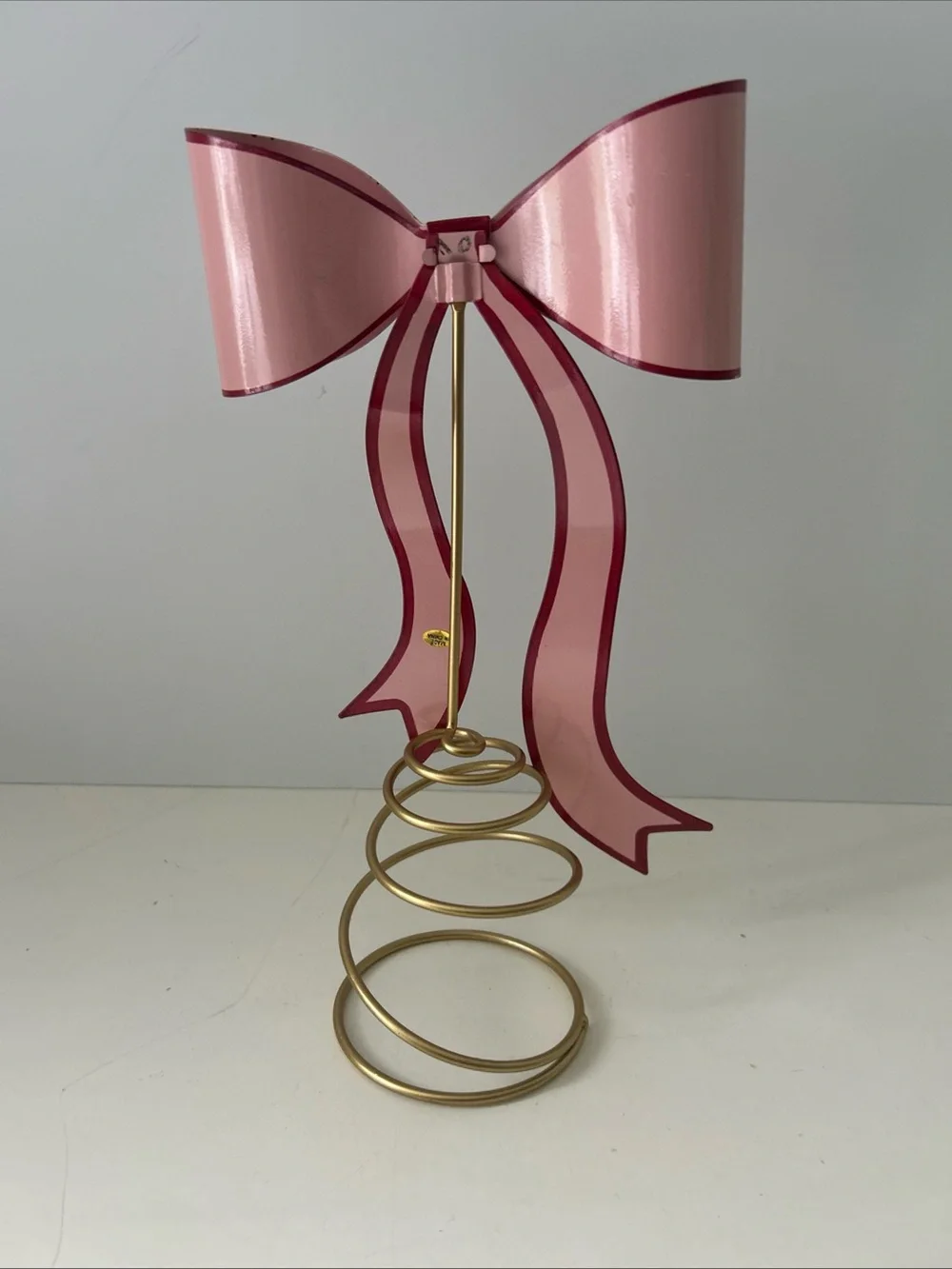 Pink Ribbon Bow Christmas Valentine’s Day Tree Topper Decor with Gold Base